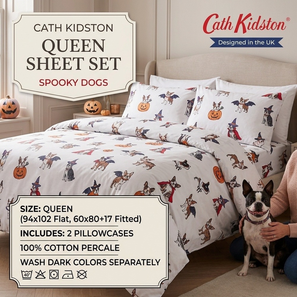 Cath Kidston Spooky Dogs Queen Sheet Set Halloween 100% Cotton